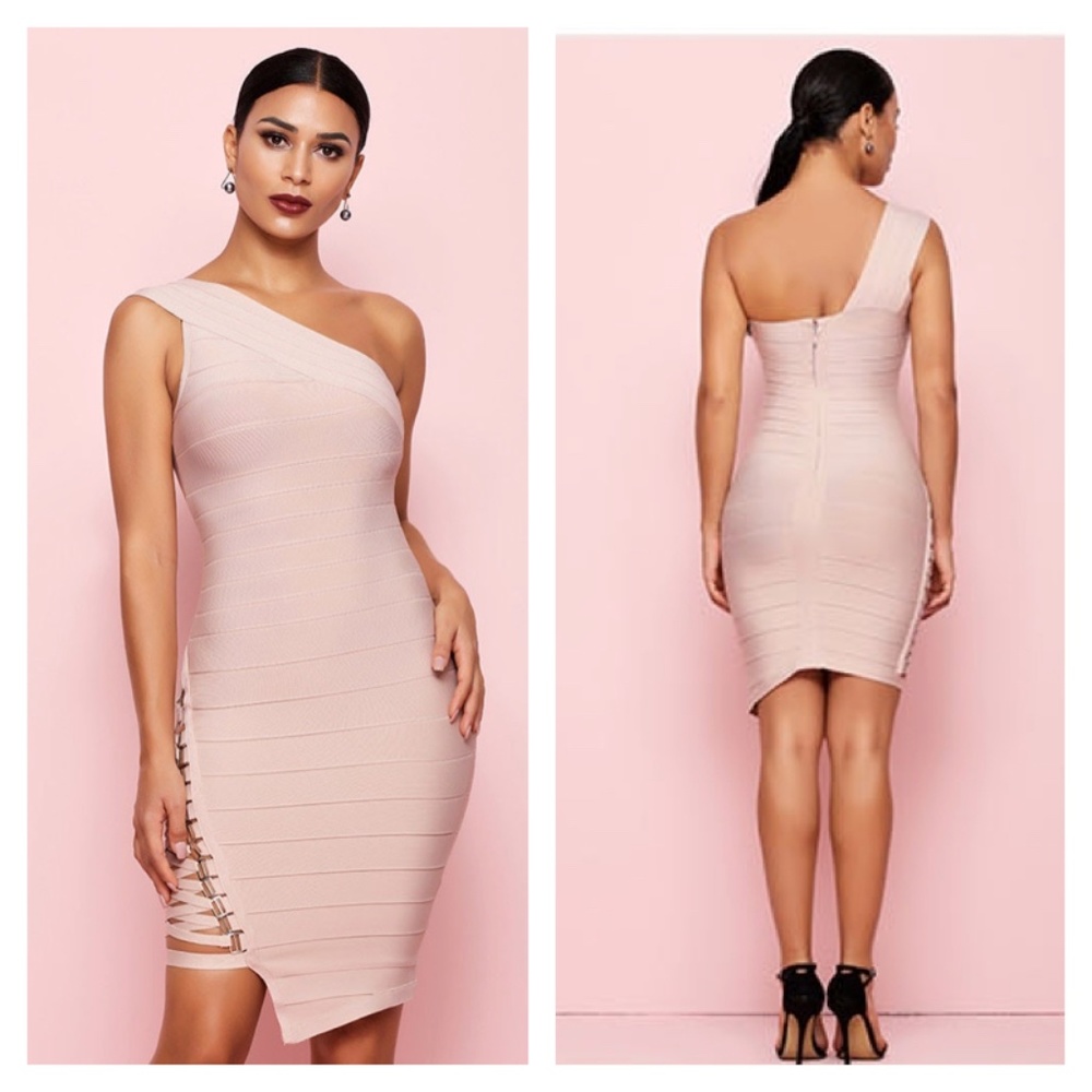 Bandage One Shoulder Strappy Dress Blush Nude - Picture 4 of 8